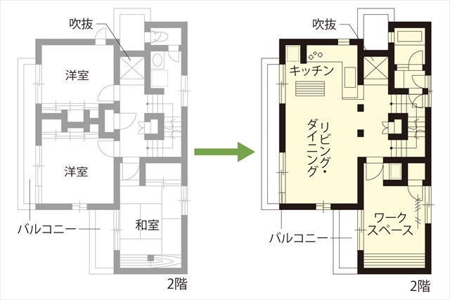 リノベのネタ帳｜廊下を有効活用　戸建てリノベーション　廊下を取り込んだLDK　間取り図